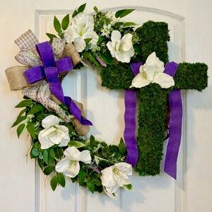 Floral Wreath with Moss Cross and Purple Accents